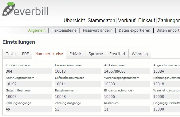 Einstellungen Nummernkreise everbill