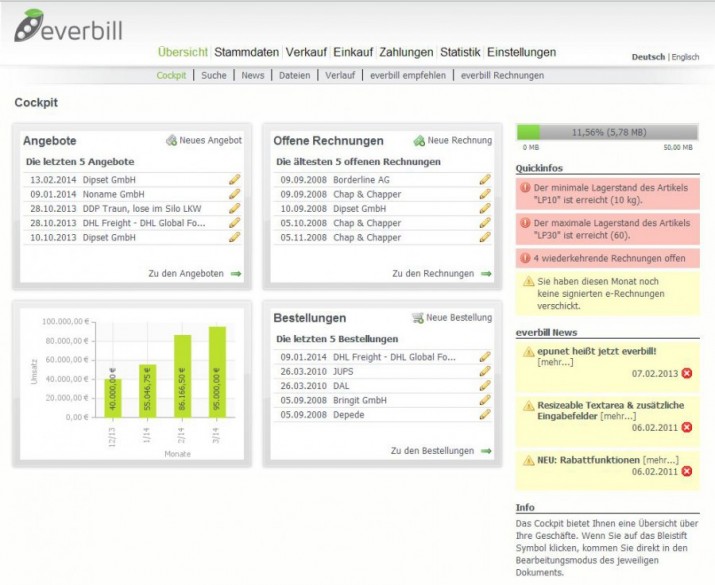 everbill rechnung online schreiben cockpit