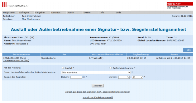 Signatur- bzw. Siegelerstellungseinheit ausfall