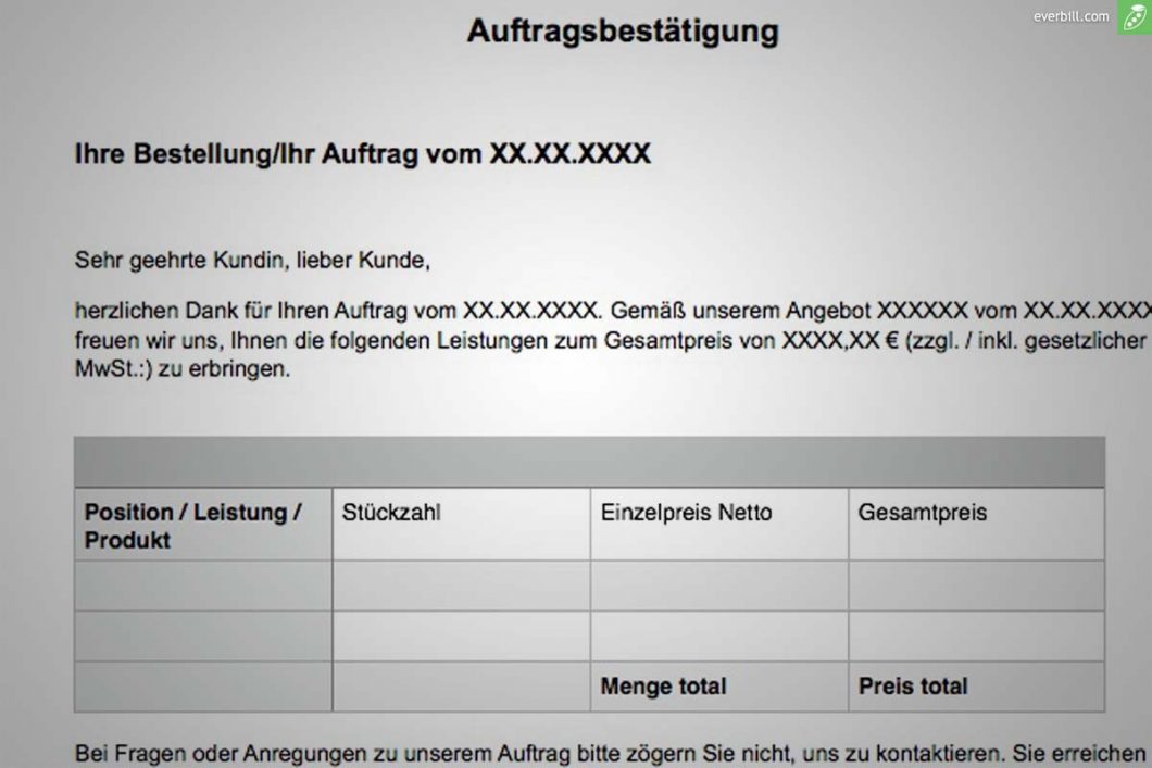 Auftragsbestätigung Muster und gratis Word Vorlage Rechnung & Angebot online schreiben inkl