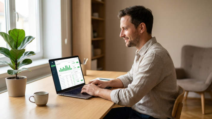 Selbstständiger Kleinunternehmer nutzt Buchhaltungssoftware am Laptop im modernen Homeoffice