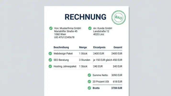 Eingangsrechnung Österreich 2026 — Pflichtangaben mit grünen Häkchen und BAO-Siegel