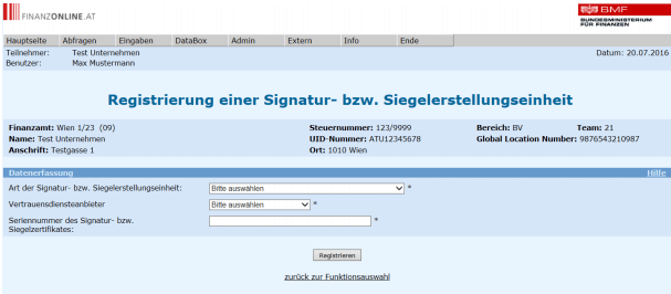 Registrierung Signatur registrierkassa