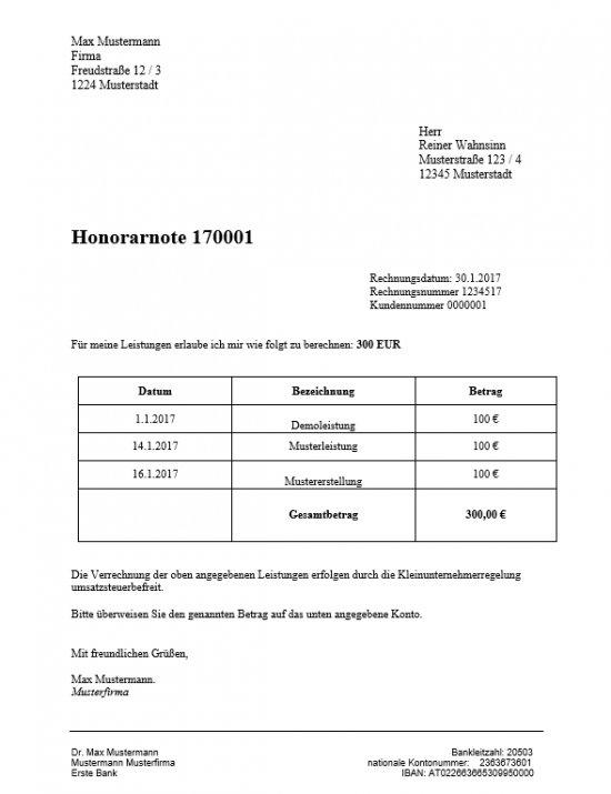 honorarnote Österreich konform Muster