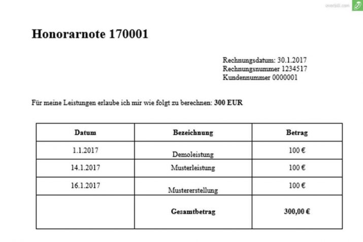 Honorarnote Österreich konform