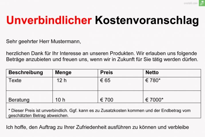 unverbindlicher Kostenvoranschlag