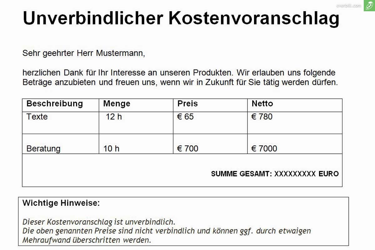 Gratis Kostenvoranschlag Vorlage Muster