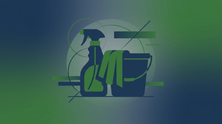 Reinigung abstrakt — Sprühflasche, Tuch, Eimer, everbill 2026