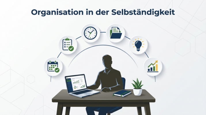 Organisation in der Selbstständigkeit: Unternehmer am Schreibtisch mit Produktivitäts-Icons
