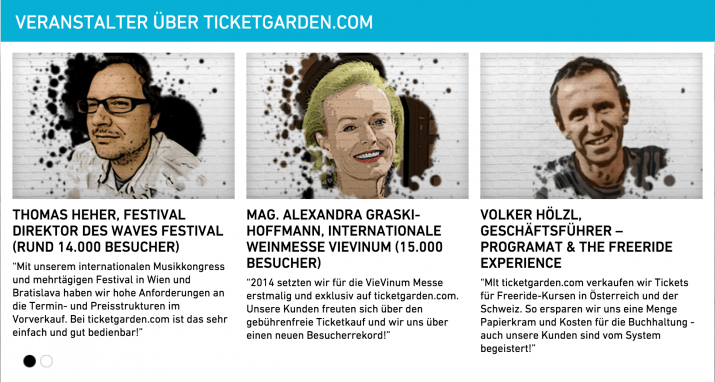 Social Proof: Die Testimonials heben sehr gut die Stärken der Software-Lösung hervor | Screenshot: ticketgarden.com/veranstalter