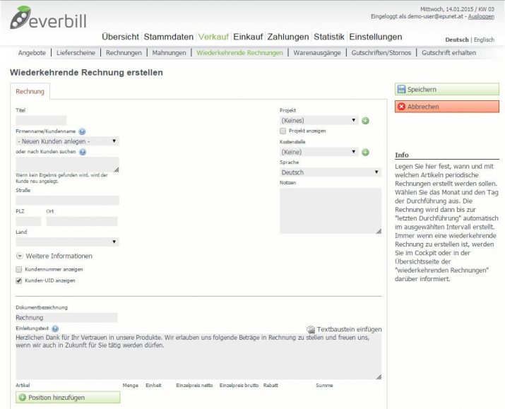 wiederkehrende Rechnung schreiben mit Eingabemaske